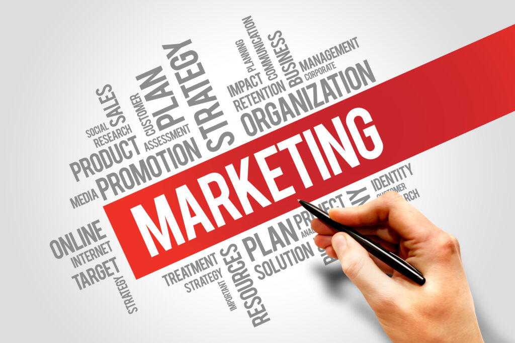 Banner that says "Marketing" surrounded by related words